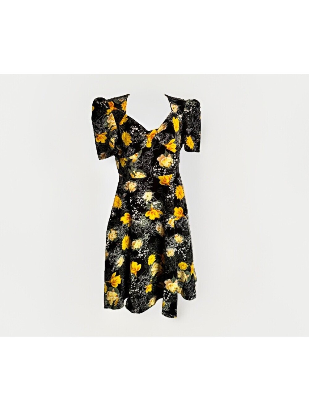 Women's Black Yellow Floral V-Neck Puff Sleeve Zip Dress, Size M